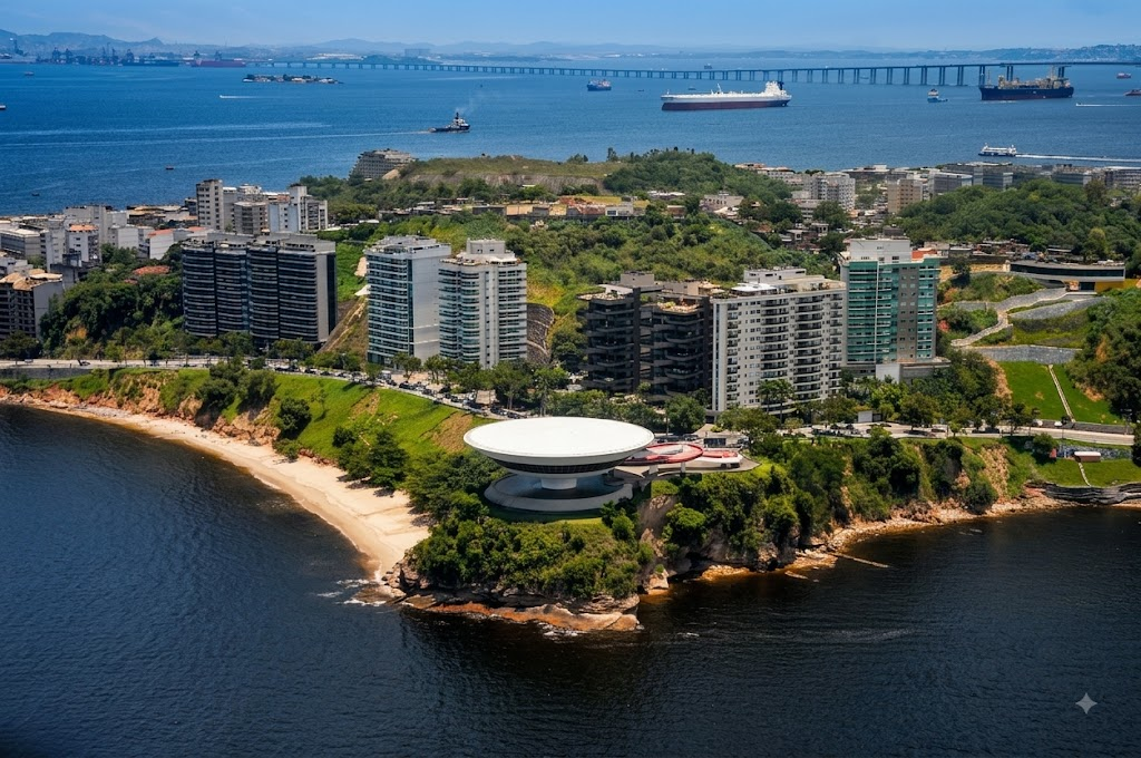 Vista aérea da orla de Niterói com o MAC e a Baía de Guanabara.